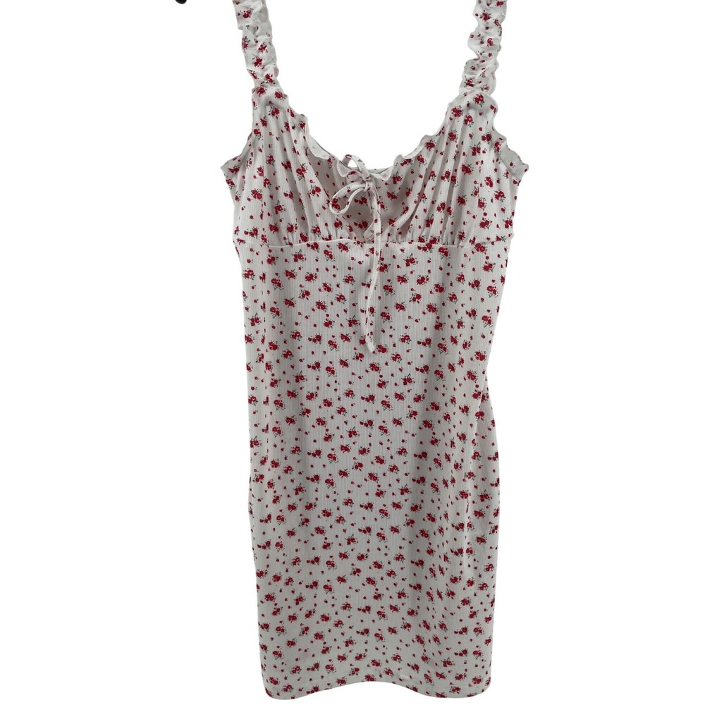 Ditsy Floral Mini Dress Womens 12 White Red Ruffle Coquette Cottagecore Festival
